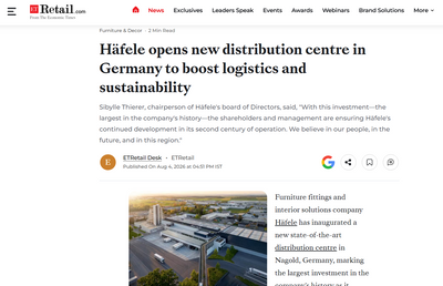 Häfele opens new distribution centre in Germany to boost logistics sustainability
