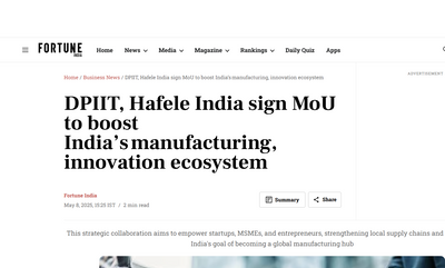 DPIIT, Hafele India sign MoU to boost India’s manufacturing, innovation ecosystem