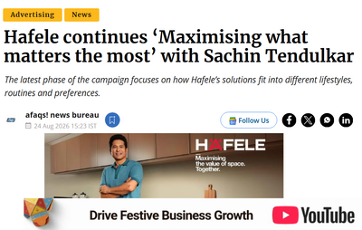 Hafele continues ‘Maximising what matters the most’ with Sachin Tendulkar
